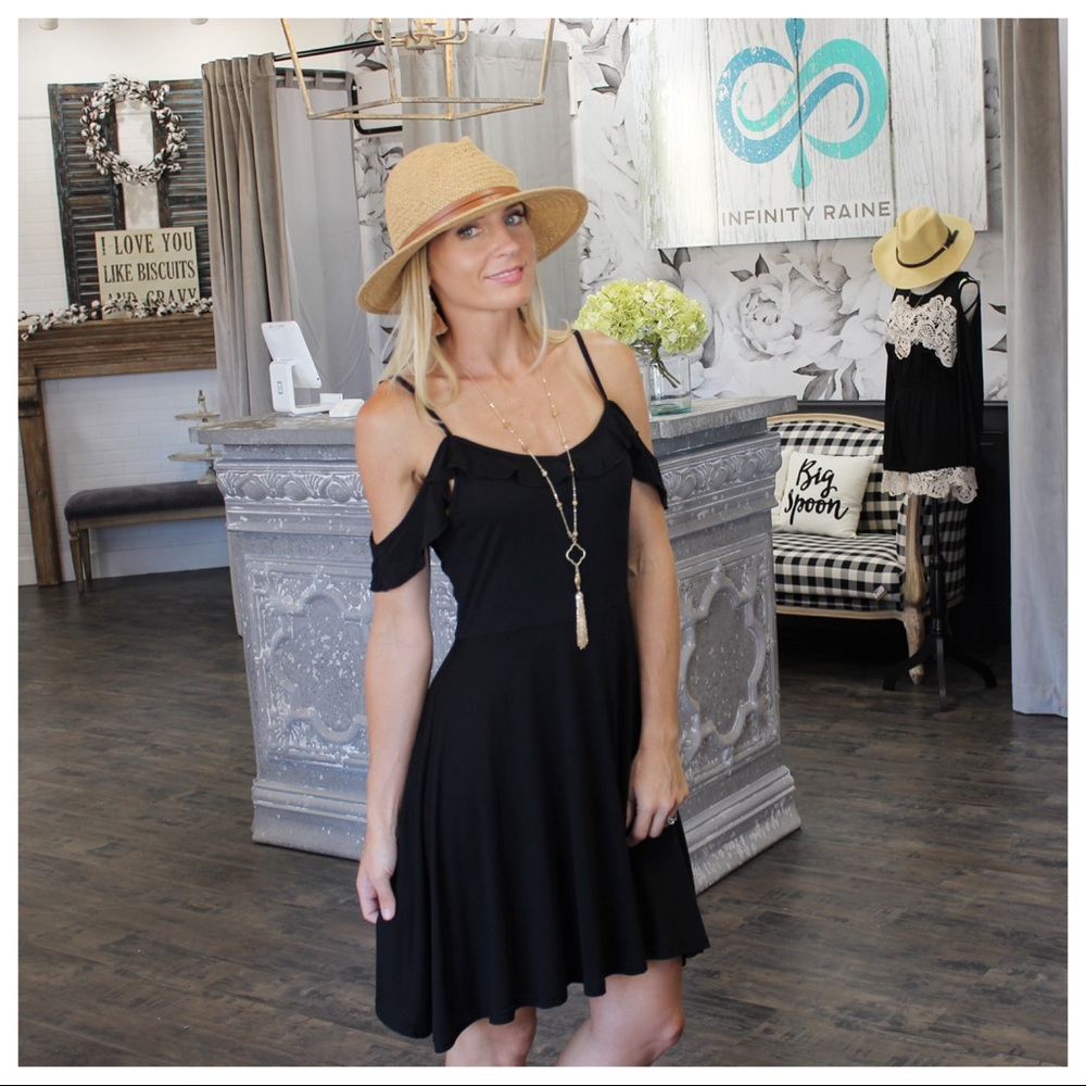 ✨LAST ONE✨Black Ruffle Cold Shoulder Dress - Picture 2 of 3